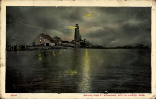 PC Boston, Massachusetts, USA, Harbor, Boston Light by Moonlight
