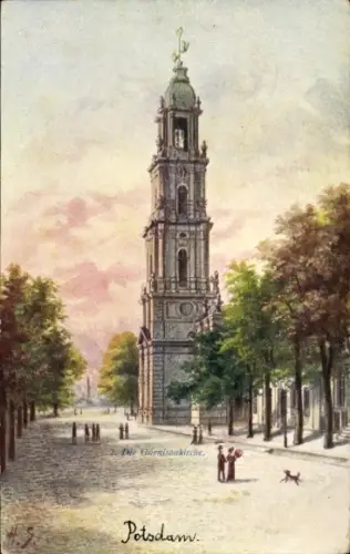 Künstler Ak Potsdam in Brandenburg, Garnisonkirche, Gesamtansicht, Allee, Passanten