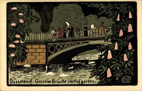 Steindruck Ak Düsseldorf am Rhein, Goldene Brücke, Hofgarten