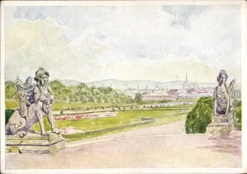 Ak Wien 1 Innere Stadt, Landschaft mit Löwenstatuen, Gartenansicht, Wien vom Belvedere