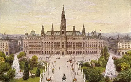 Ak Wien 1 Innere Stadt, Rathaus  Aquarell, Brunnen, Bäume, Menschen