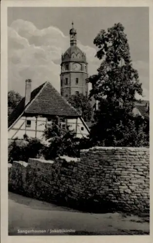 Ak Sangerhausen am Harz,  Jakobikirche, Uhrturm, Fachwerkhaus, Baum