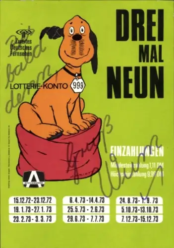 Ak Drei Mal Neun, Zweites Deutsches Fernsehen, Lotterie-Konto, Autogram Maskottchen Wum, Loriot