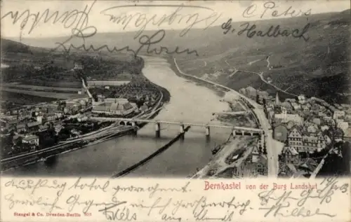 Ak Bernkastel Kues an der Mosel, Bernkastel von der Burg Landshut, Fluss, Brücke, Häuser, Landsch