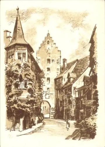 Ak Meersburg am Bodensee, Zeichnung einer Straße, Ober-Tor, Meersburg, Bodensee