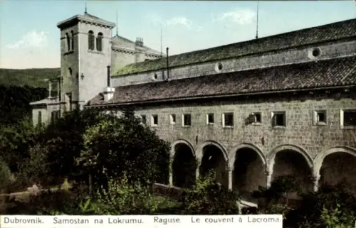 Ak Dubrovnik Kroatien, Klostergebäude,  Lokrum, Garten, Bäume
