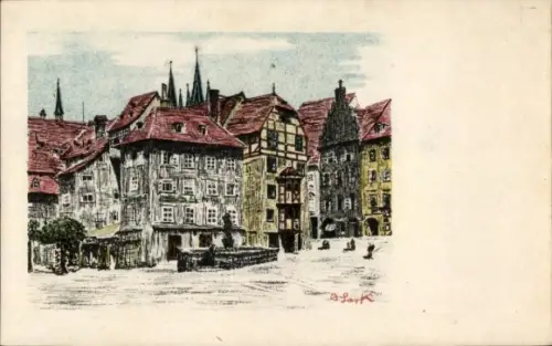 Ak Eger Erlau Ungarn, Marktplatz, farbige Federzeichnung, B. Lark, Egerland