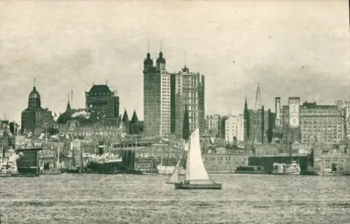Ak New York City USA, Stadtansicht mit Hochhäusern, Segelboot