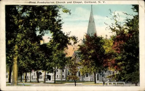 Ak Cortland New York, Erste Presbyterianische Kirche und Kapelle
