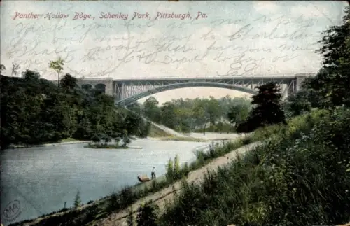 Ak Pittsburgh Pennsylvania USA, Panther Hollow Boge, Schenley Park,  Fluss, Brücke