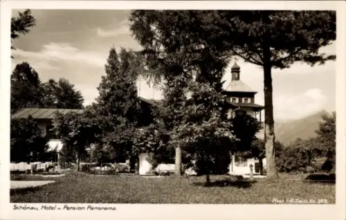 Ak Schönau am Königssee Oberbayern, Hotel u. Pension Panorama, Berchtesgaden, Bäume, Garten, Schw