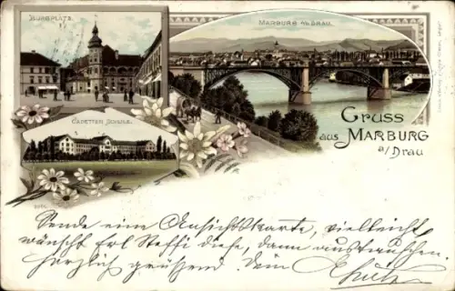 Litho Maribor Marburg an der Drau Slowenien, Gesamtansicht, Burgplatz, Kadettenschule