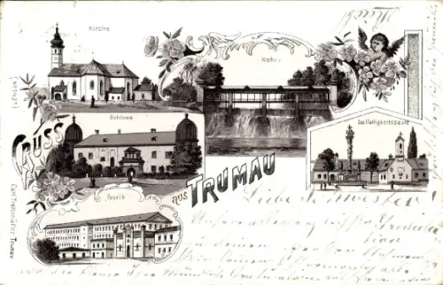 Litho Trumau an der Aspangbahn Niederösterreich, Kirche, Wehr, Schloss, Fabrik, Dreifaltigkeitssäule