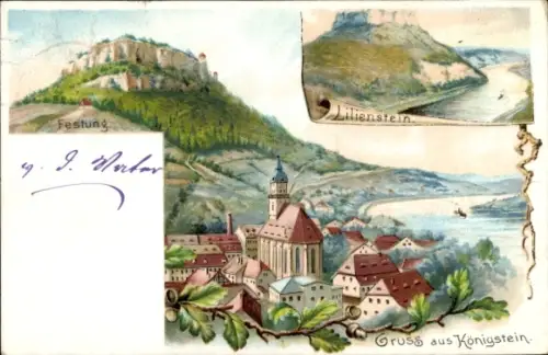 Litho Königstein an der Elbe Sächsische Schweiz, Lilienstein, Festung