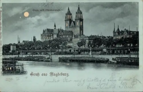 Halt gegen das Licht Mondschein Ak Magdeburg an der Elbe, Dom, Fürstenwall