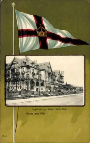 Passepartout Ak Kiel, Logierhaus des Kaiserlichen Yacht-Clubs, Fahne