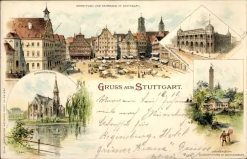Litho Stuttgart in Württemberg, Marktplatz, Rathaus, Johanneskirche, Landesgewerbemuseum
