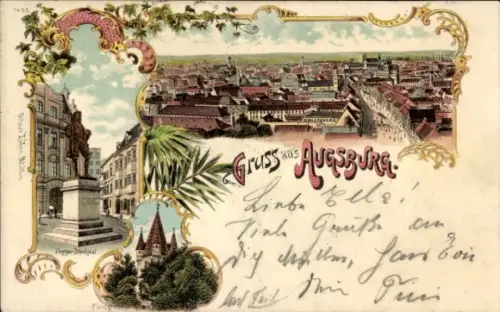 Litho Augsburg in Schwaben, Gesamtansicht, Hans Jakob Fugger Denkmal