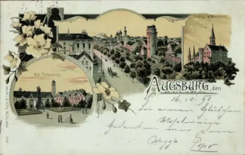 Litho Augsburg in Schwaben, Kgl. Regierungsgebäude, Schloss Wöllenburg, Straßenpartie
