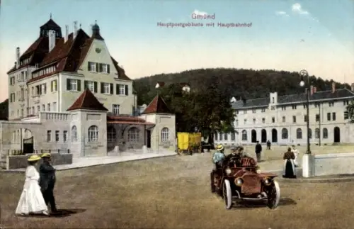 Ak Schwäbisch Gmünd in Württemberg, Hauptpostgebäude mit Hauptbahnhof