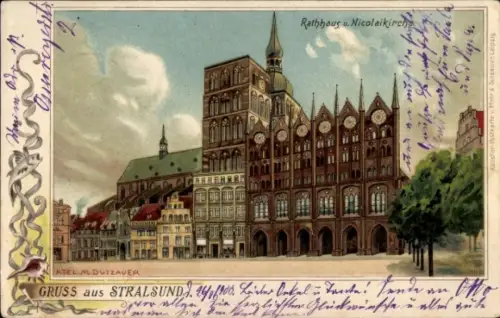 Ak Stralsund in Vorpommern, Rathaus, Nicolaikirche, historische Architektur, Postkarte