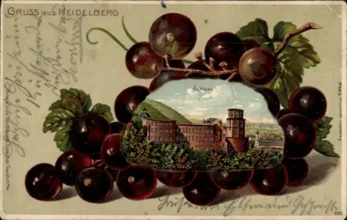 Präge Passepartout Litho Heidelberg am Neckar, Weintrauben, Schloss