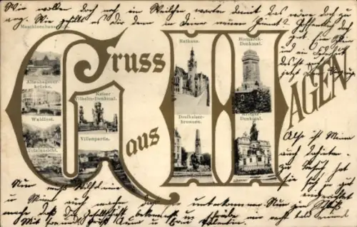 Ak Hagen in Westfalen, Villenpartie, Dreikaiserbrunnen, Bismarck-Denkmal, Rathaus