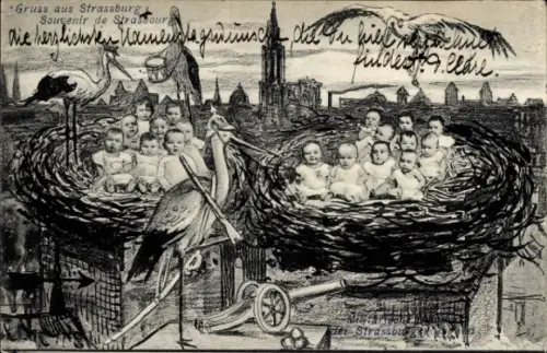 Ak Strasbourg Straßburg Elsass Bas Rhin, Storchnest, Kinder
