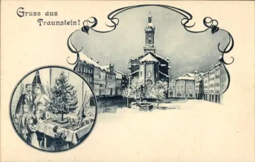 Ak Traunstein in Oberbayern, Kirche, Familie, Tannenbaum