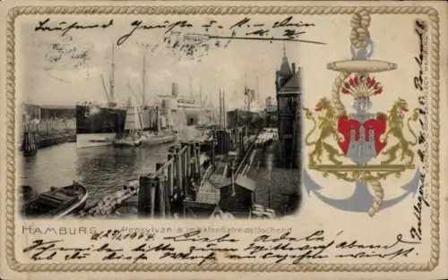 Präge Wappen Ak Hamburg, Pensylvania im Hafen, Getreide löschend