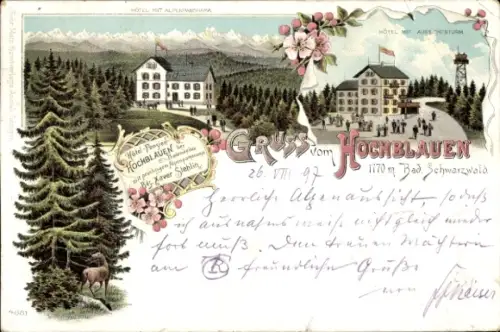 Litho Blauen Badenweiler im Schwarzwald, Hochblauen, Hotel und Pension, Gebirge