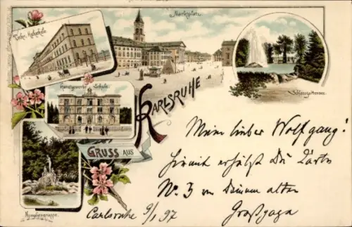 Litho Karlsruhe in Baden, Marktplatz, Schlossgartensee, Technische Hochschule