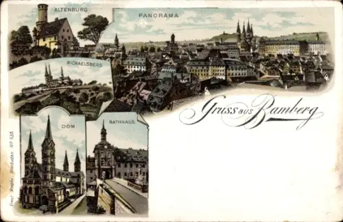 Litho Bamberg in Oberfranken, Rathaus, Altenburg, Dom, Michaelsberg