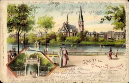 Litho Berlin Wilmersdorf, Kirche, Park, Seebad Otto Schramm