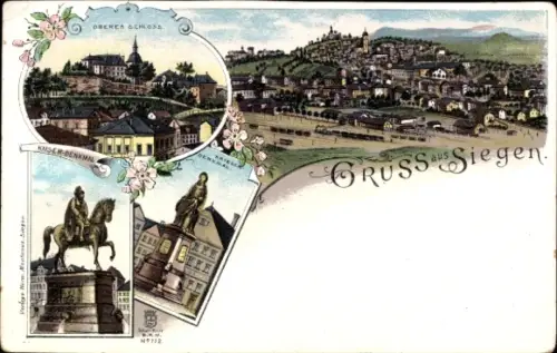 Litho Siegen in Westfalen, Gesamtansicht, Bahnhof, Schloss, Kaiserdenkmal