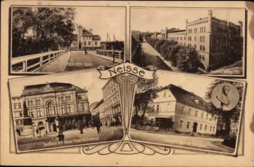 Ak Nysa Neisse Schlesien, Artillerie Casino, Stadthaus mit Kaiser Friedrich-Denkmal