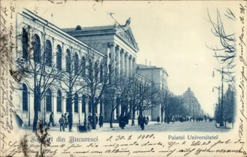 Ak București Bukarest Rumänien, Blick auf die Universität, Bäume, Menschen,  , 1900