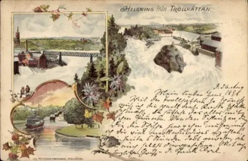 Ak Trollhättan Schweden, Fälle, Wasserfall, Schiffe, Brücke, Natur, Trollhättan