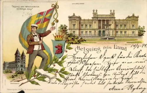 Ak Lund Schweden, Mann mit Fahne, Gebäude im Hintergrund, Text in schwedischer Sprache