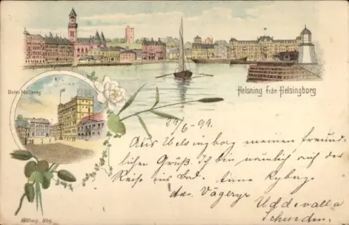 Ak Hälsingborg Helsingborg Schweden, Hotel Mollberg, Hafenansicht, Segelboot, Stadtansicht