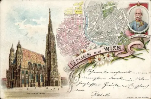 Ak Wien 1 Innere Stadt, Stefanskirche, Gruss aus  Franz Joseph, Blumenornament