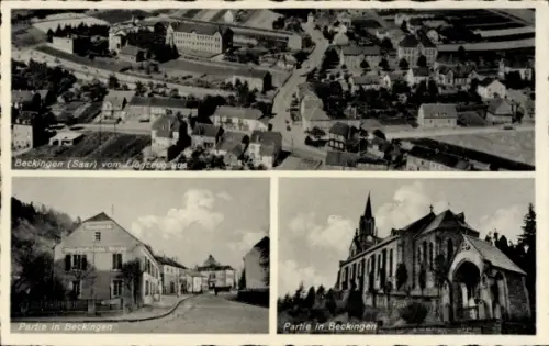 Ak Beckingen im Saarland, Luftaufnahme Beckingen, zwei Ansichten der Stadt, Text: Partie in Becki