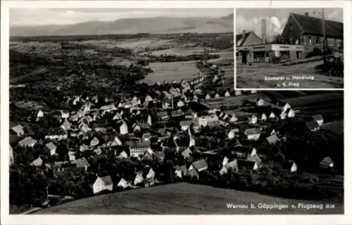 Ak Wernau am Neckar, Luftaufnahme von Wernau, Bäcker, Handlung, E. Frey