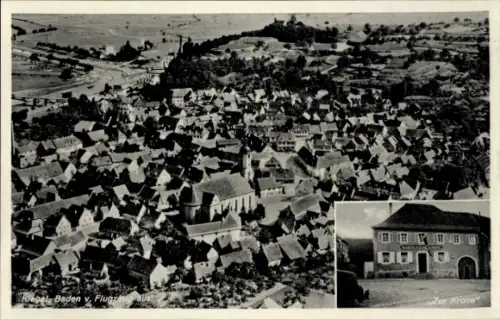 Ak Riegel am Kaiserstuhl, Luftaufnahme von Riegel, Ortsschild 'Zur Krone', viele Häuser