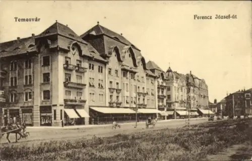 Ak Timișoara Temesvár Temeswar Rumänien,  Ferencz József-út,  Gebäude, Straßenansicht