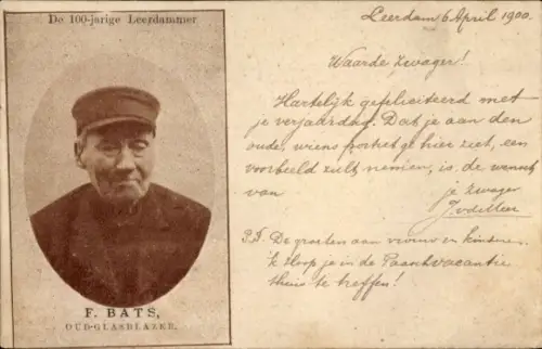 Ak Leerdam Südholland, Der 100-jährige Leerdammer, F. Bats, ehemaliger Glasbläser