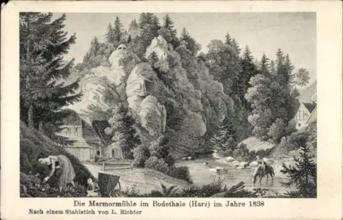 Ak Thale im Harz, Dambachhaus, Marmormühle,  Jahr 1838, Stahlstich von L. Richter