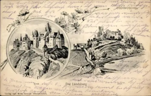 Ak Obermoschel in der Pfalz,  mit Ansicht der Landsburg, umrahmt von einer Zeichnung, Blumenmotiv