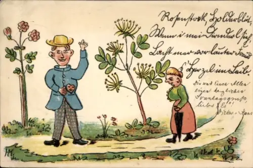 Künstler Ak Rosenstock, Holunderblüt, Mann und Frau auf einem Gartenweg