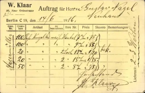 Ak Berlin, W. Klaar, Neue Grünstraße 30, Auftrag, Reklame